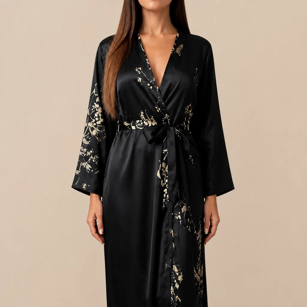 La boutique du peignoir Peignoir Satin Femme - Long à Branches Fleuries, Noir