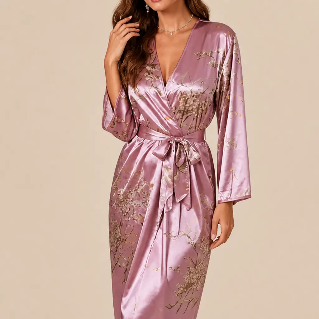 La boutique du peignoir Peignoir Satin Femme - Long à Branches Fleuries, Rose Mauve
