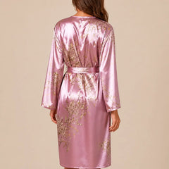 La boutique du peignoir Peignoir Satin Femme - Long à Branches Fleuries, Rose Mauve