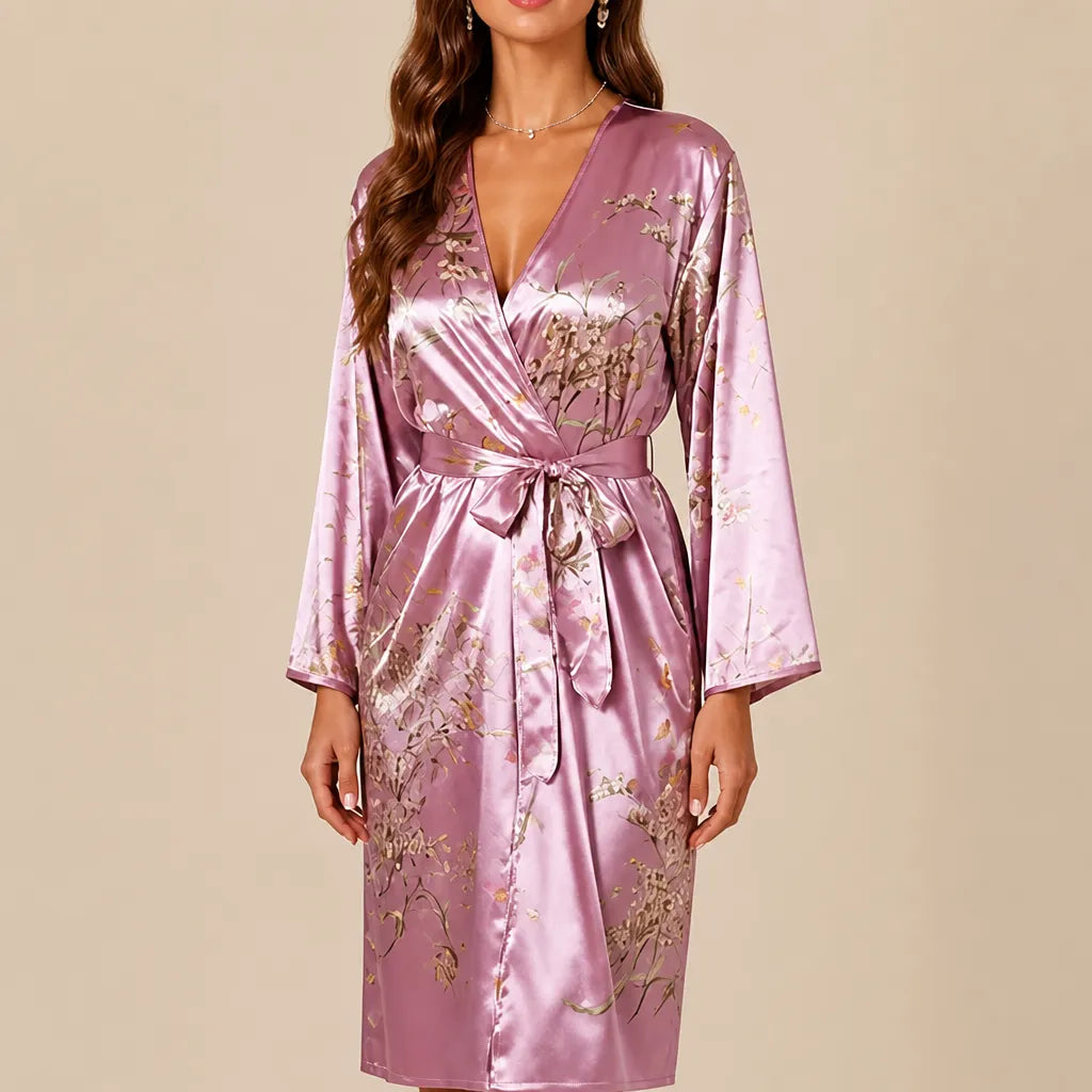 La boutique du peignoir Peignoir Satin Femme - Long à Branches Fleuries, Rose Mauve