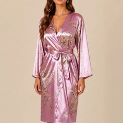 La boutique du peignoir Peignoir Satin Femme - Long à Branches Fleuries, Rose Mauve