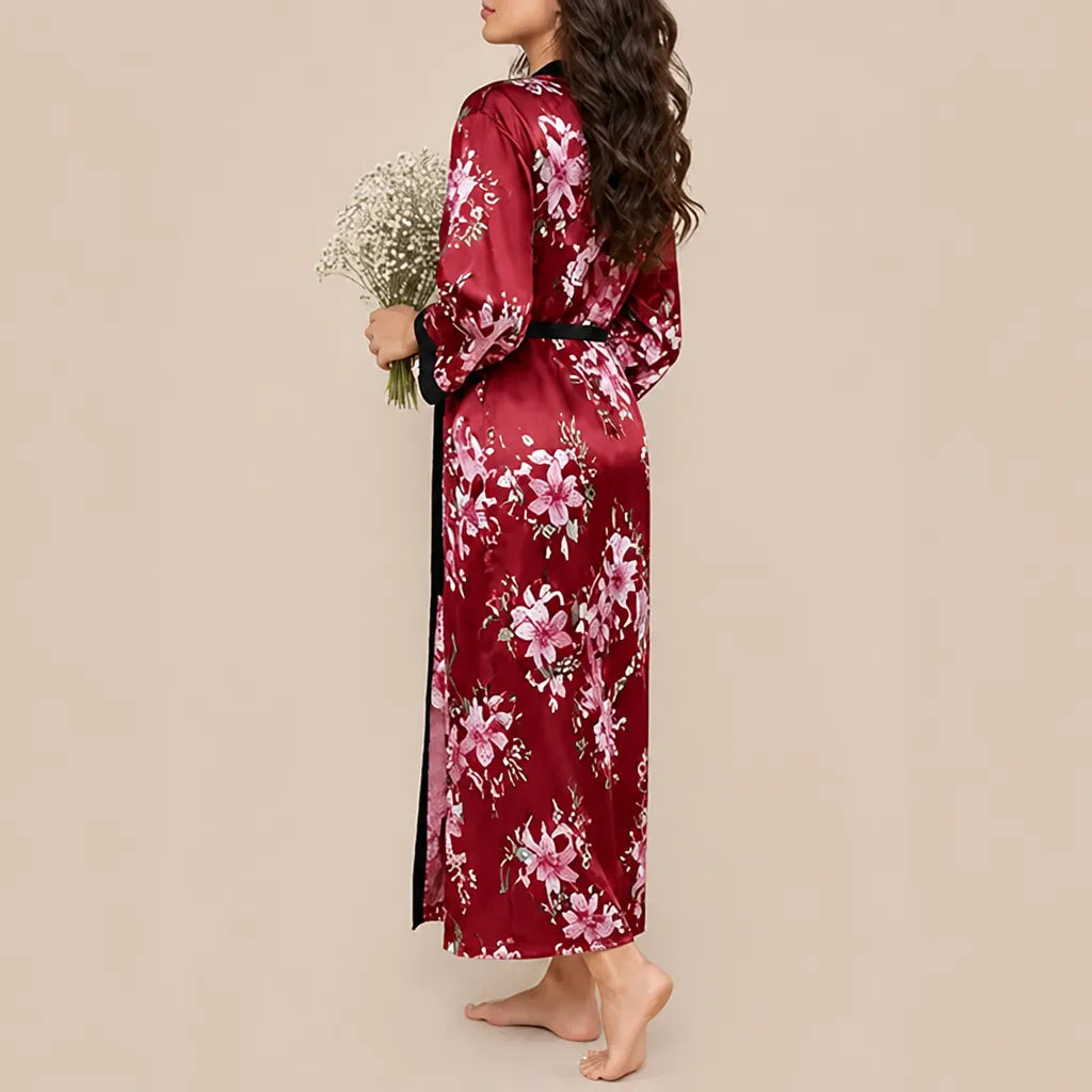 La boutique du peignoir Peignoir Satin Femme - Long à Col Noir, Bordeaux Fleuri