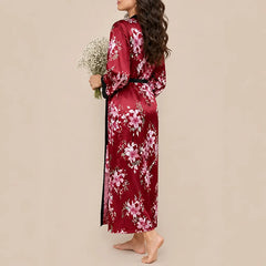 La boutique du peignoir Peignoir Satin Femme - Long à Col Noir, Bordeaux Fleuri