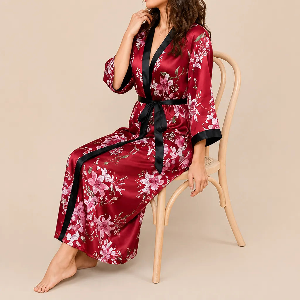 La boutique du peignoir Peignoir Satin Femme - Long à Col Noir, Bordeaux Fleuri