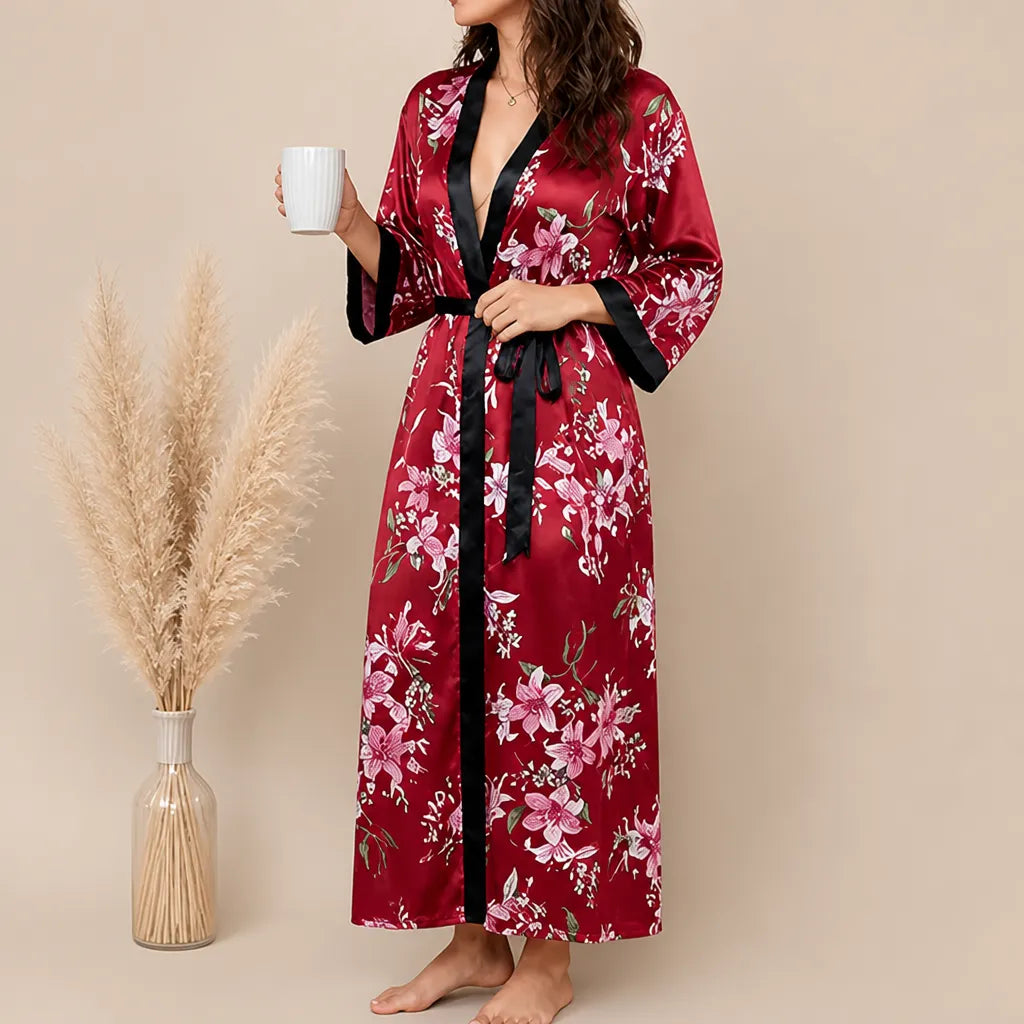 La boutique du peignoir Peignoir Satin Femme - Long à Col Noir, Bordeaux Fleuri