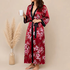 La boutique du peignoir Peignoir Satin Femme - Long à Col Noir, Bordeaux Fleuri