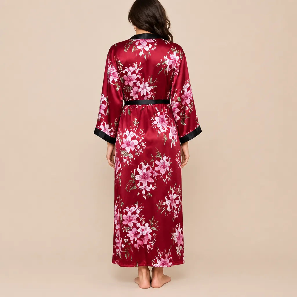 La boutique du peignoir Peignoir Satin Femme - Long à Col Noir, Bordeaux Fleuri