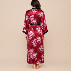 La boutique du peignoir Peignoir Satin Femme - Long à Col Noir, Bordeaux Fleuri