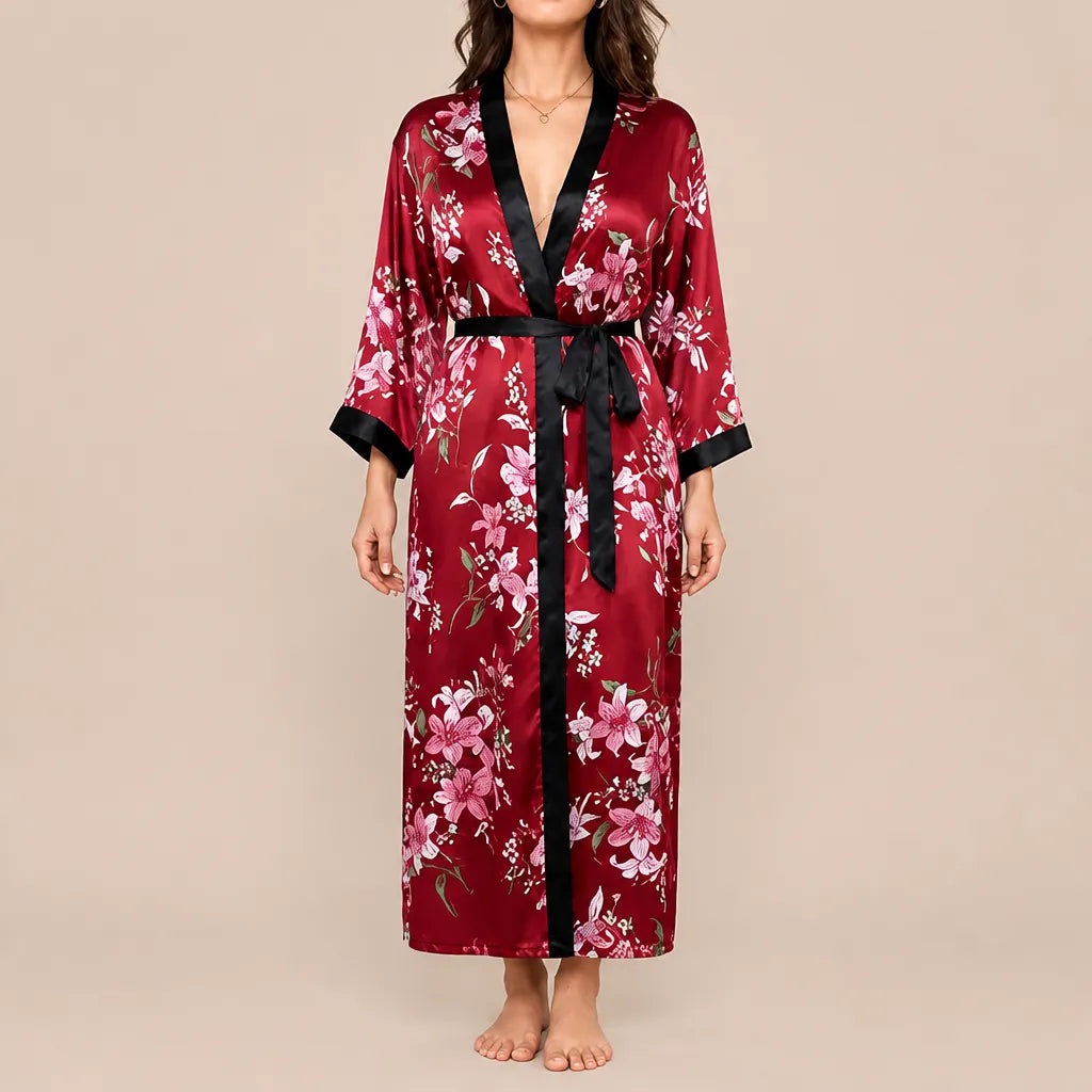 La boutique du peignoir Peignoir Satin Femme - Long à Col Noir, Bordeaux Fleuri