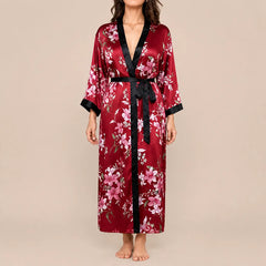 La boutique du peignoir Peignoir Satin Femme - Long à Col Noir, Bordeaux Fleuri