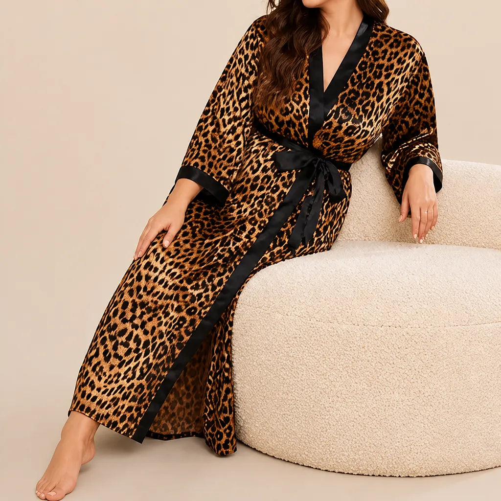 La boutique du peignoir Peignoir Satin Femme - Long à Col Noir, Léopard