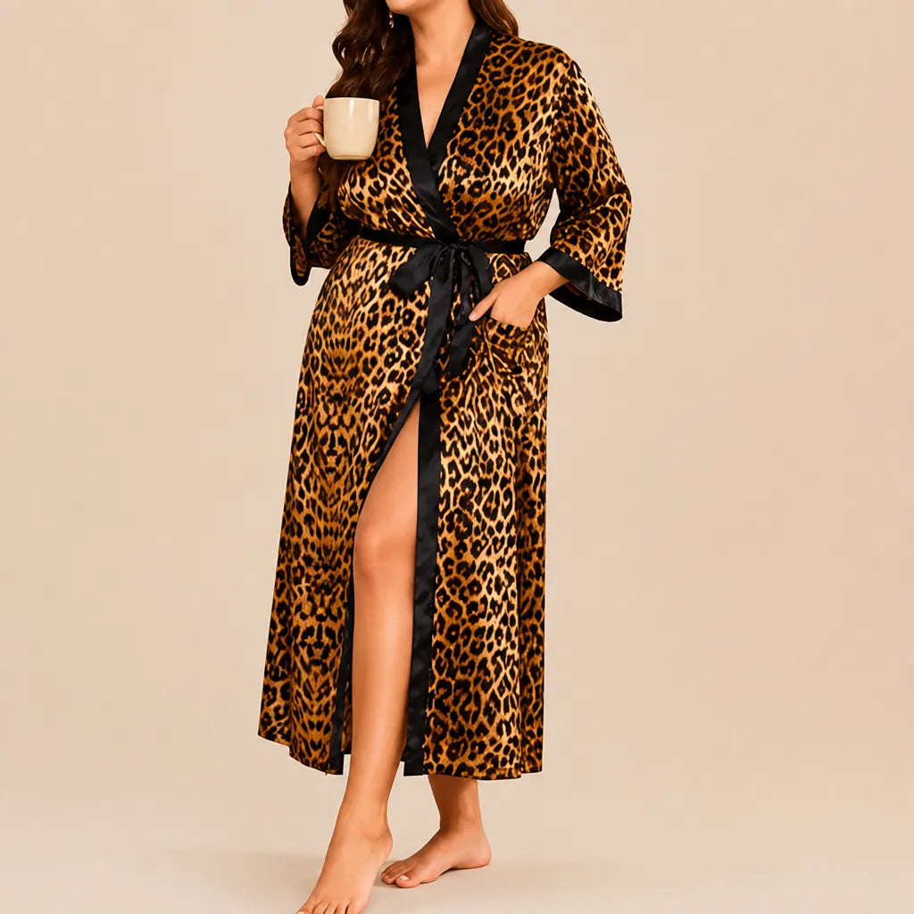 La boutique du peignoir Peignoir Satin Femme - Long à Col Noir, Léopard
