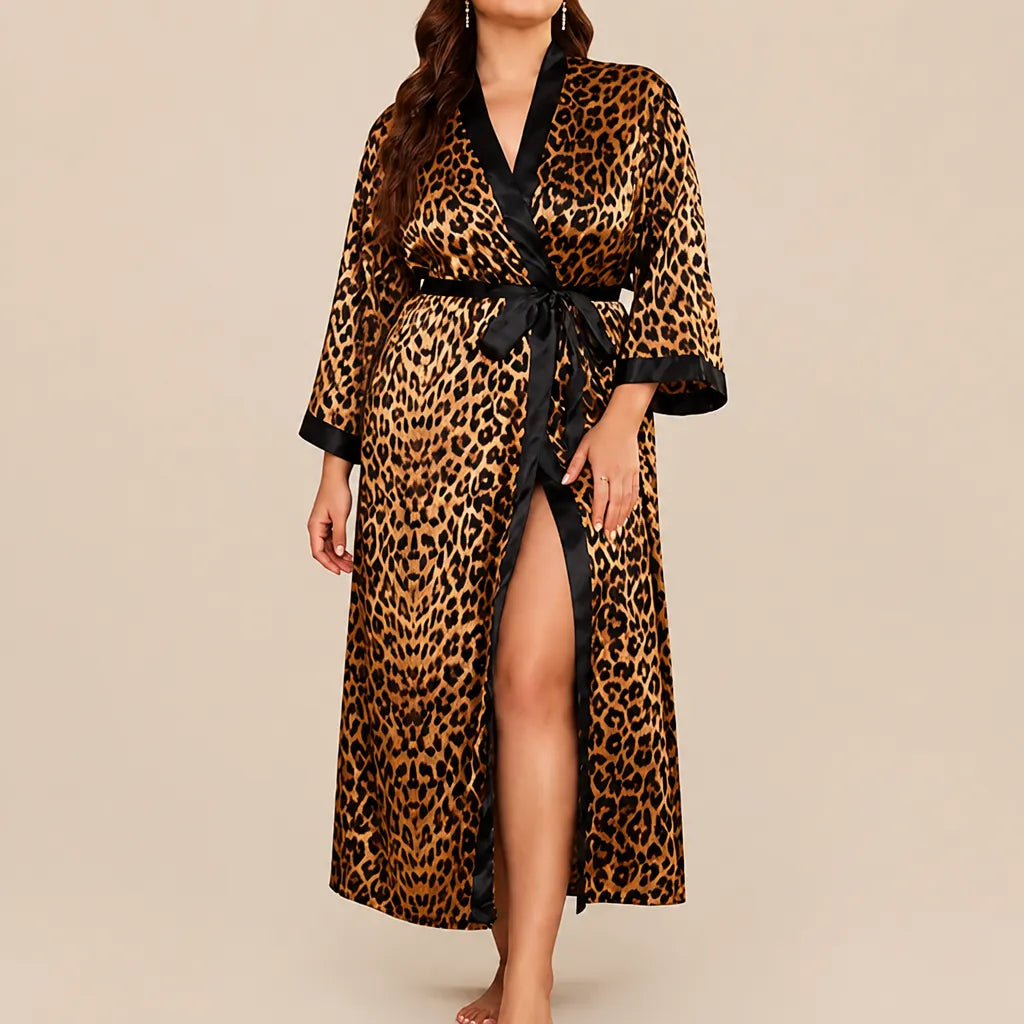 La boutique du peignoir Peignoir Satin Femme - Long à Col Noir, Léopard