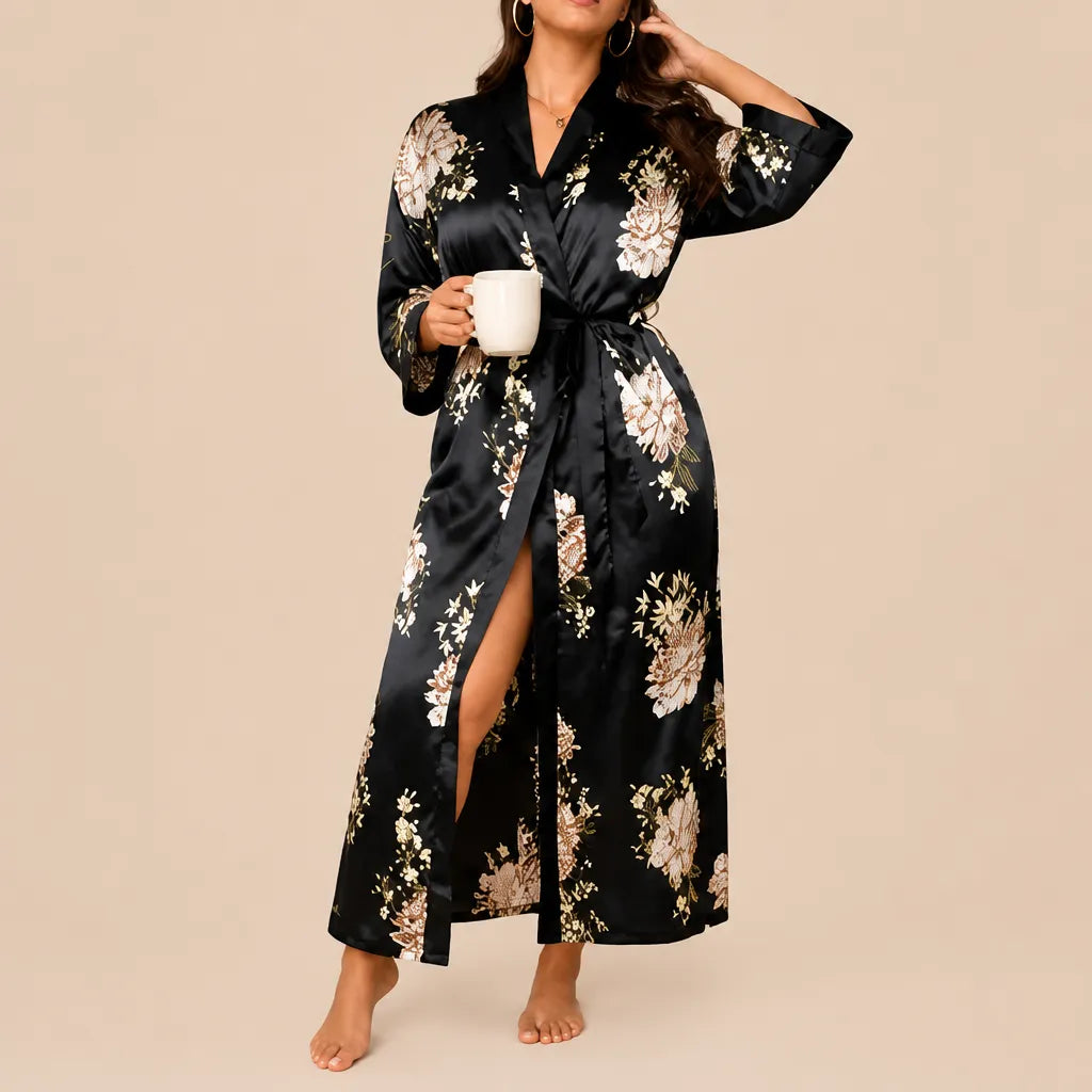 La boutique du peignoir Peignoir Satin Femme - Long à Col Noir, Noir Fleuri