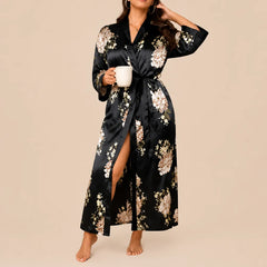 La boutique du peignoir Peignoir Satin Femme - Long à Col Noir, Noir Fleuri
