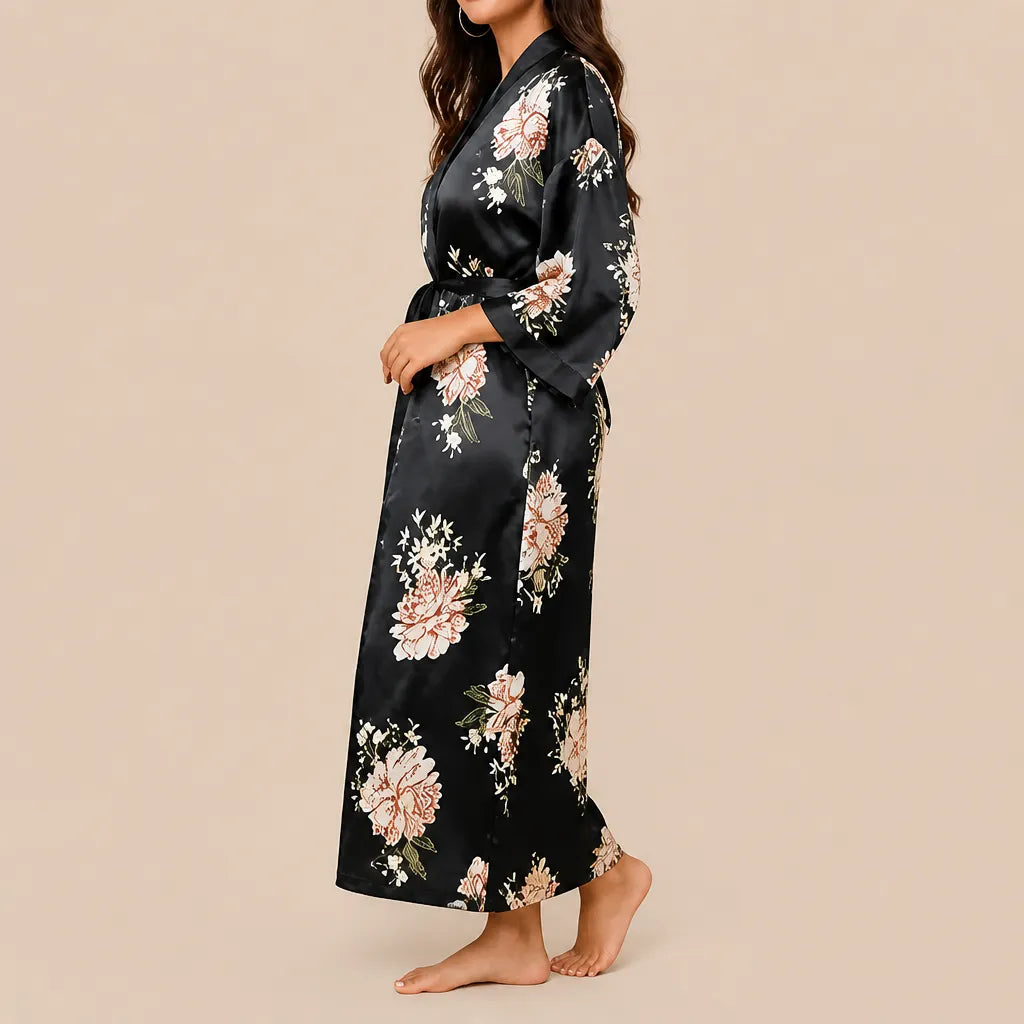 La boutique du peignoir Peignoir Satin Femme - Long à Col Noir, Noir Fleuri