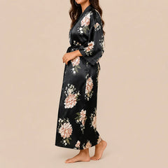 La boutique du peignoir Peignoir Satin Femme - Long à Col Noir, Noir Fleuri
