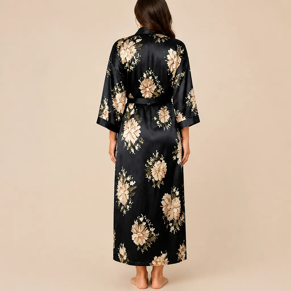 La boutique du peignoir Peignoir Satin Femme - Long à Col Noir, Noir Fleuri