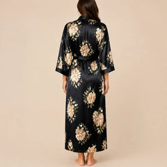 La boutique du peignoir Peignoir Satin Femme - Long à Col Noir, Noir Fleuri