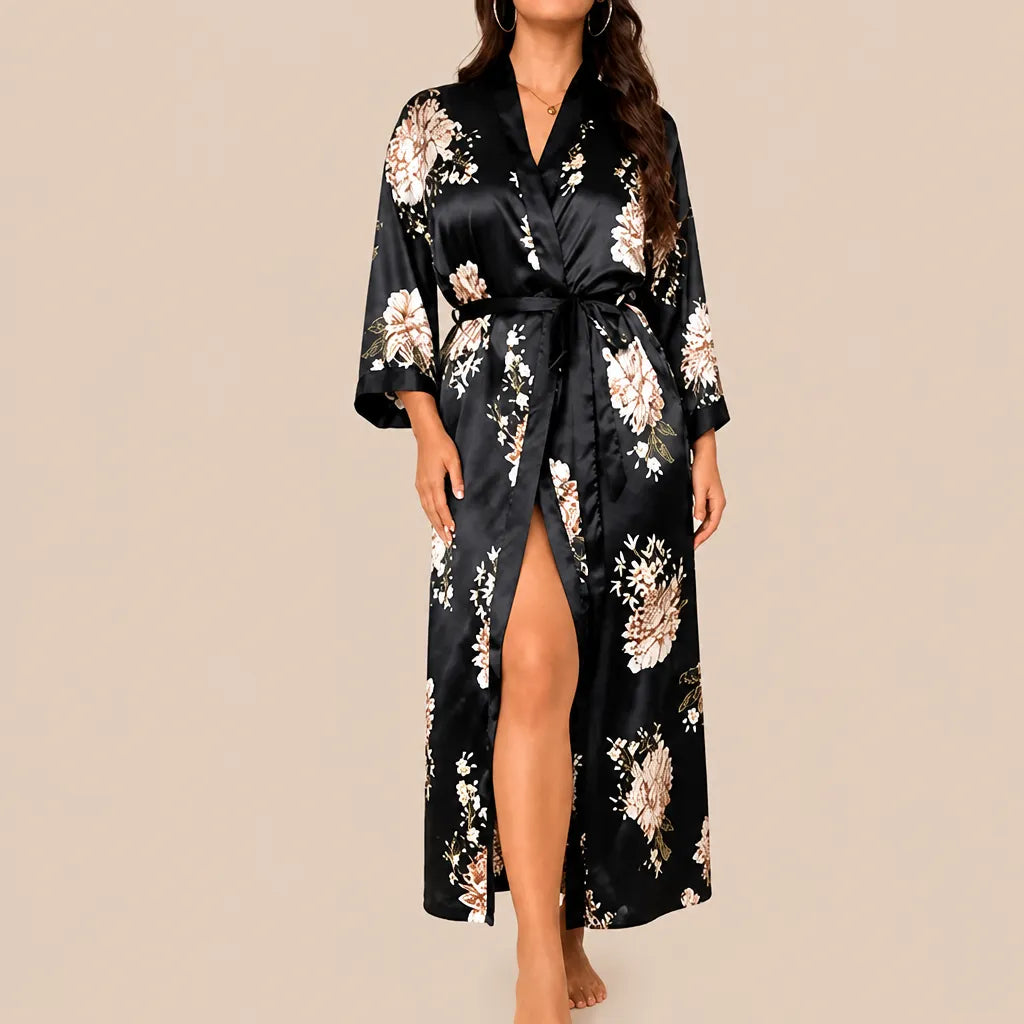 La boutique du peignoir Peignoir Satin Femme - Long à Col Noir, Noir Fleuri