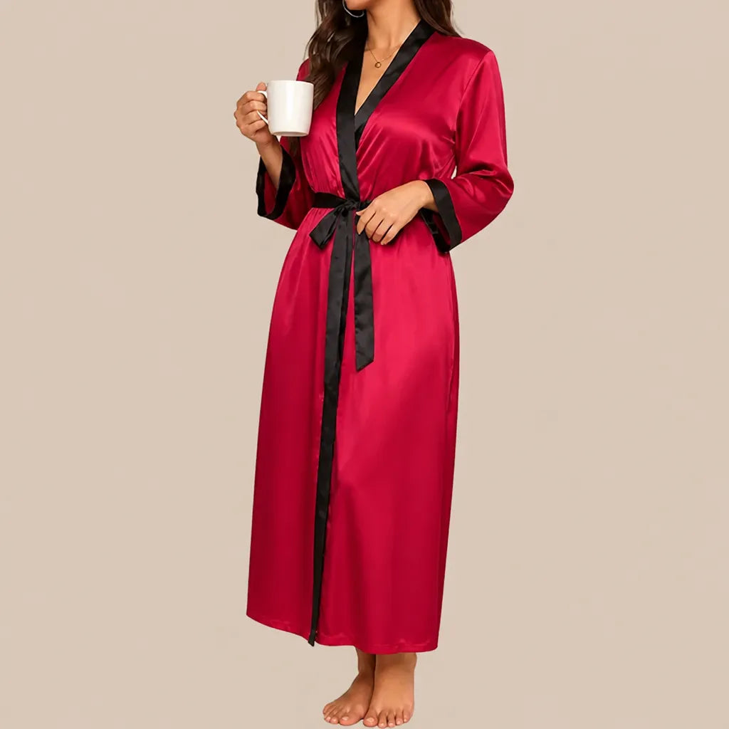 La boutique du peignoir Peignoir Satin Femme - Long à Col Noir, Rouge Framboise