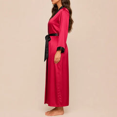 La boutique du peignoir Peignoir Satin Femme - Long à Col Noir, Rouge Framboise