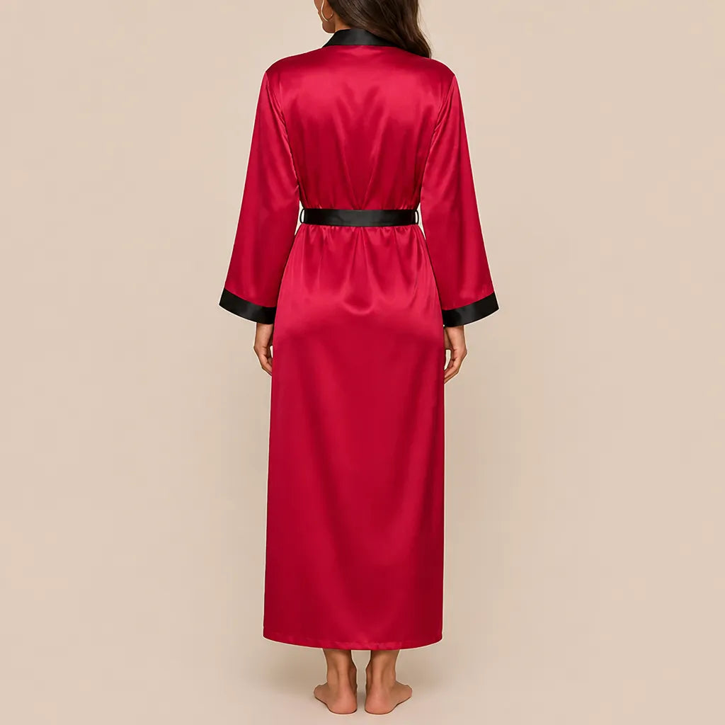 La boutique du peignoir Peignoir Satin Femme - Long à Col Noir, Rouge Framboise