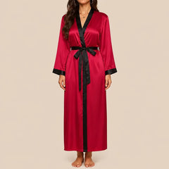 La boutique du peignoir Peignoir Satin Femme - Long à Col Noir, Rouge Framboise