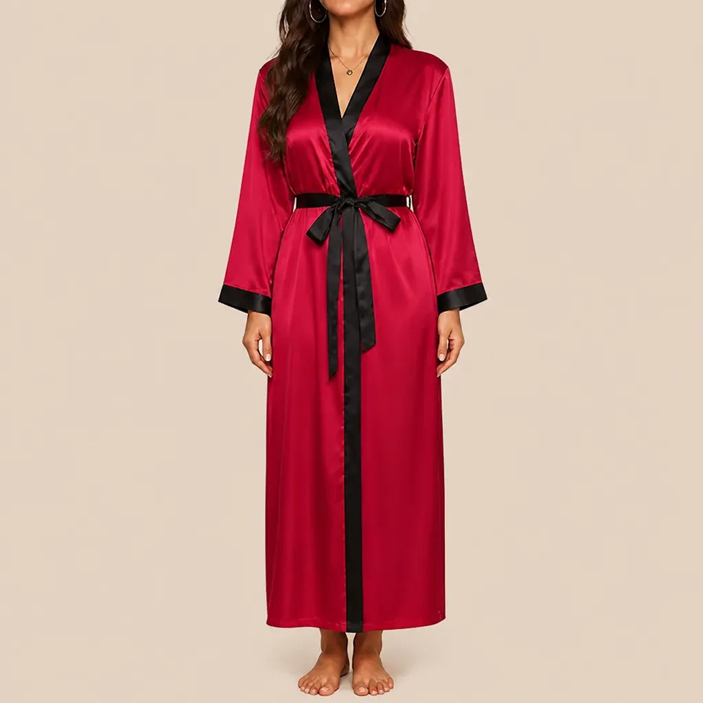 La boutique du peignoir Peignoir Satin Femme - Long à Col Noir, Rouge Framboise