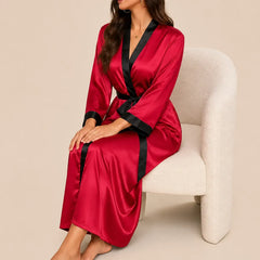 La boutique du peignoir Peignoir Satin Femme - Long à Col Noir, Rouge Framboise