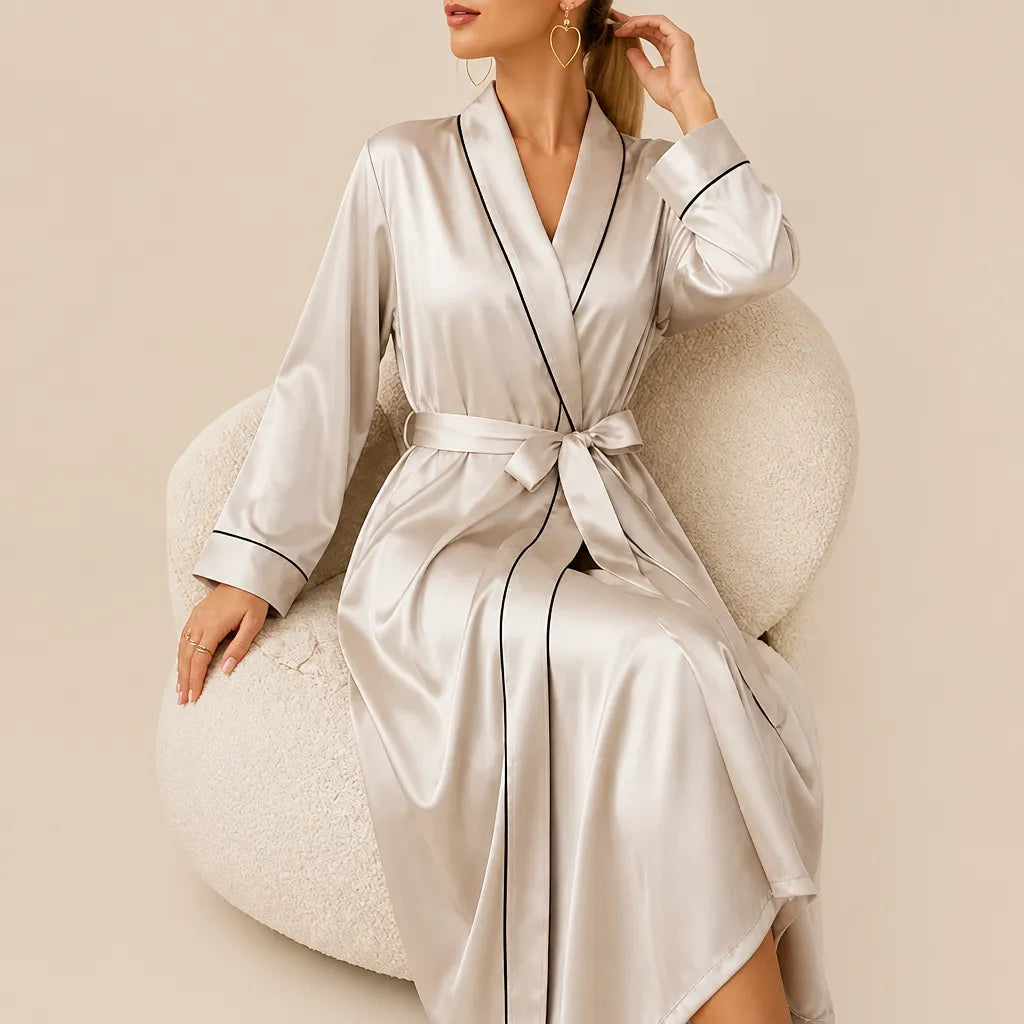 La boutique du peignoir Peignoir Satin Femme - Long à Liseré, Écru