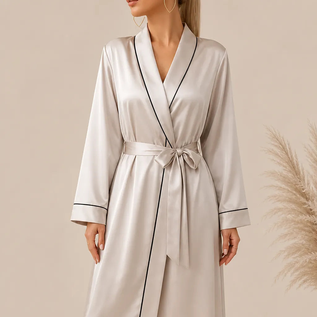 La boutique du peignoir Peignoir Satin Femme - Long à Liseré, Écru