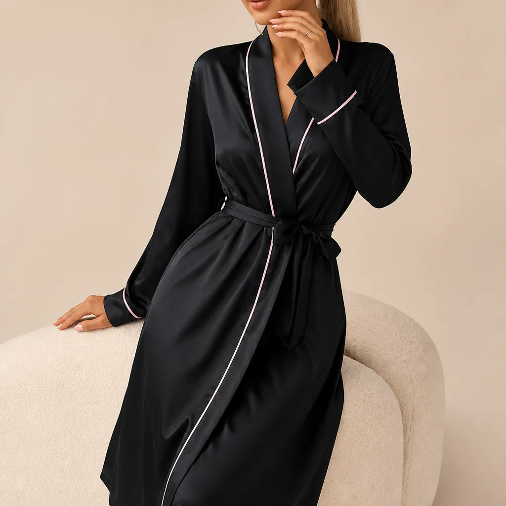 La boutique du peignoir Peignoir Satin Femme - Long à Liseré, Noir