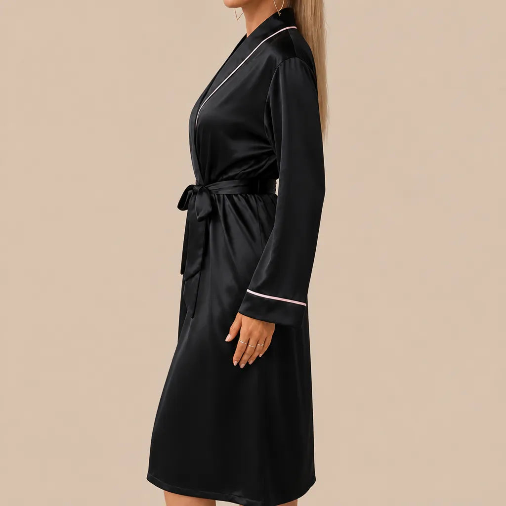 La boutique du peignoir Peignoir Satin Femme - Long à Liseré, Noir