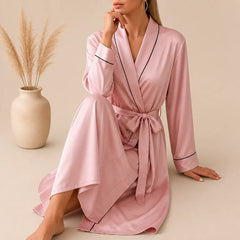 La boutique du peignoir Peignoir Satin Femme - Long à Liseré, Rose Poudré