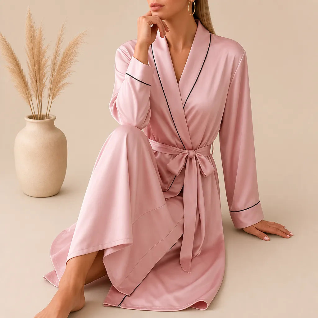 La boutique du peignoir Peignoir Satin Femme - Long à Liseré, Rose Poudré
