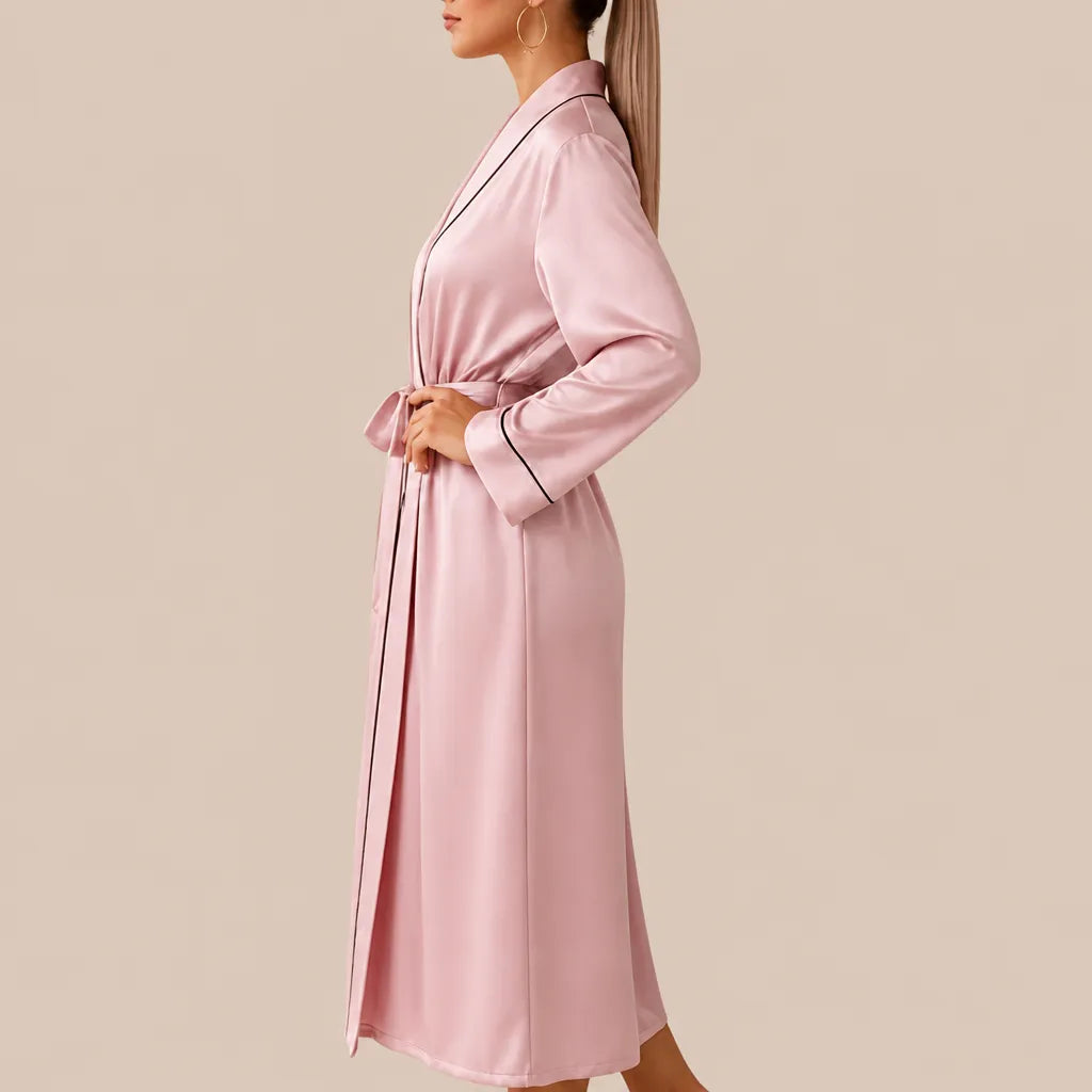 La boutique du peignoir Peignoir Satin Femme - Long à Liseré, Rose Poudré