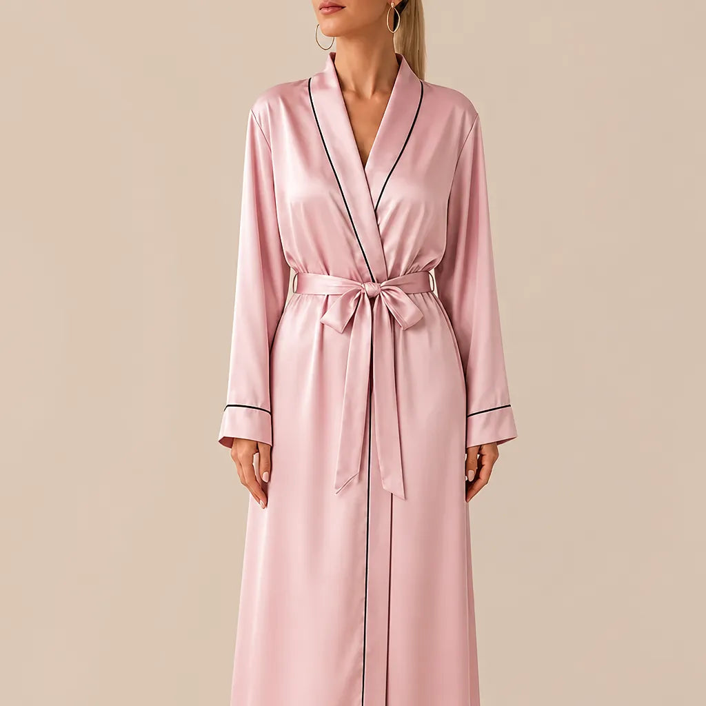 La boutique du peignoir Peignoir Satin Femme - Long à Liseré, Rose Poudré