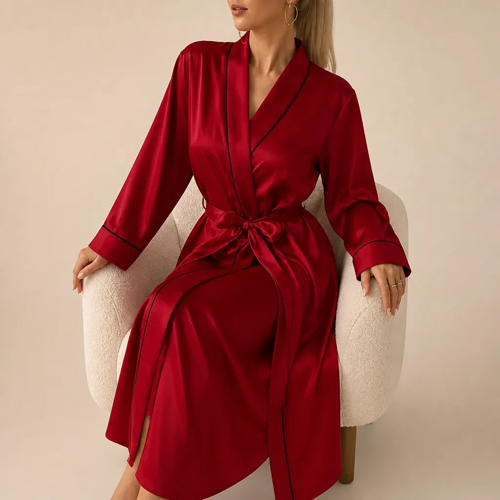 La boutique du peignoir Peignoir Satin Femme - Long à Liseré, Rouge