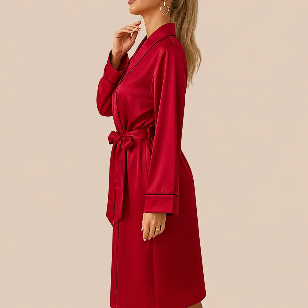 La boutique du peignoir Peignoir Satin Femme - Long à Liseré, Rouge