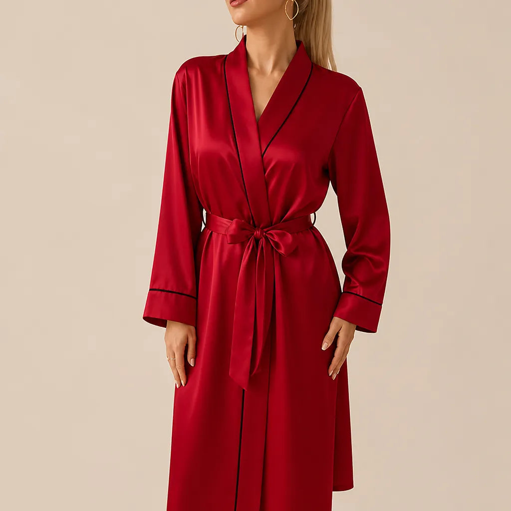 La boutique du peignoir Peignoir Satin Femme - Long à Liseré, Rouge