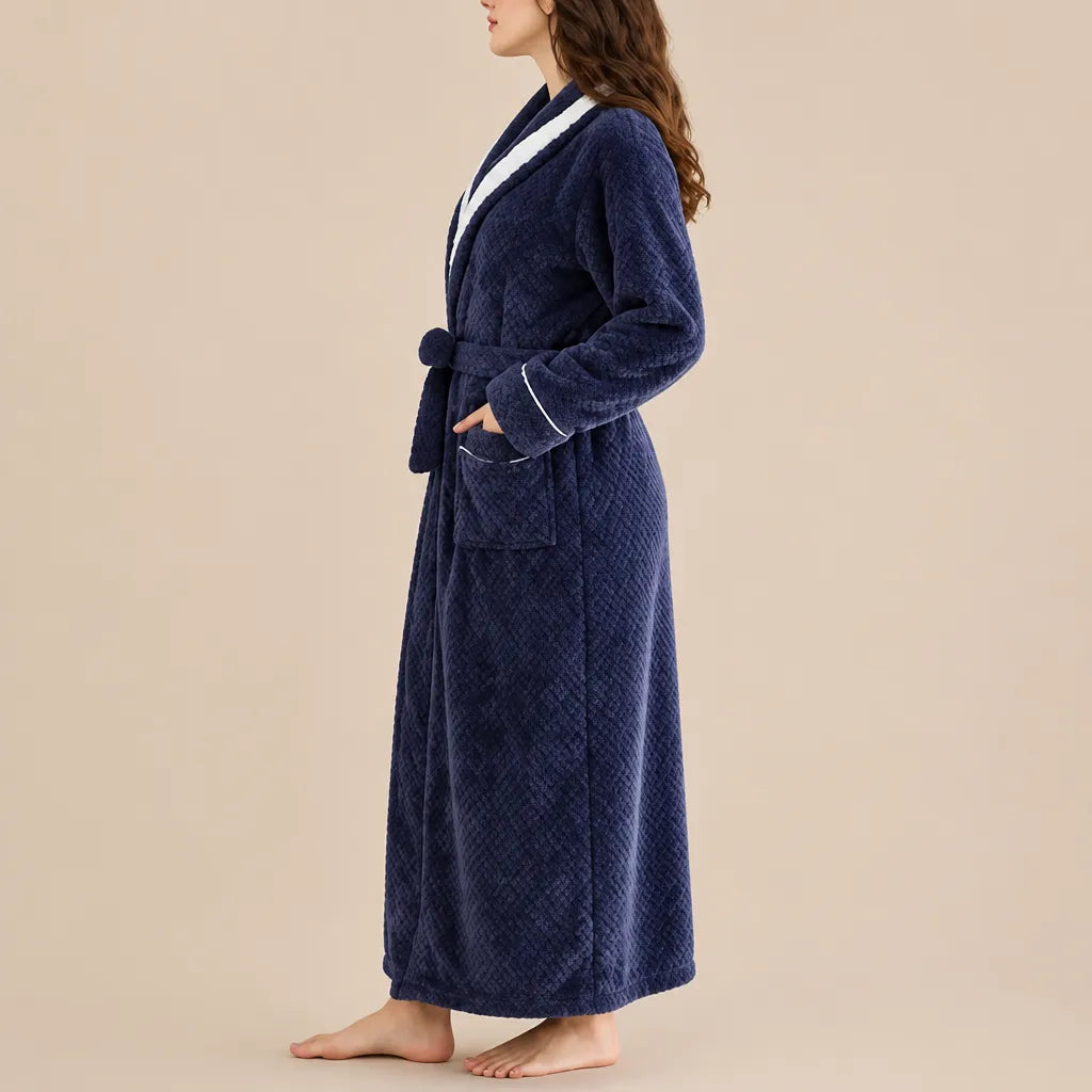 La boutique du peignoir Peignoir Velours Femme - Col Bicolore à Liseré, Bleu Marine