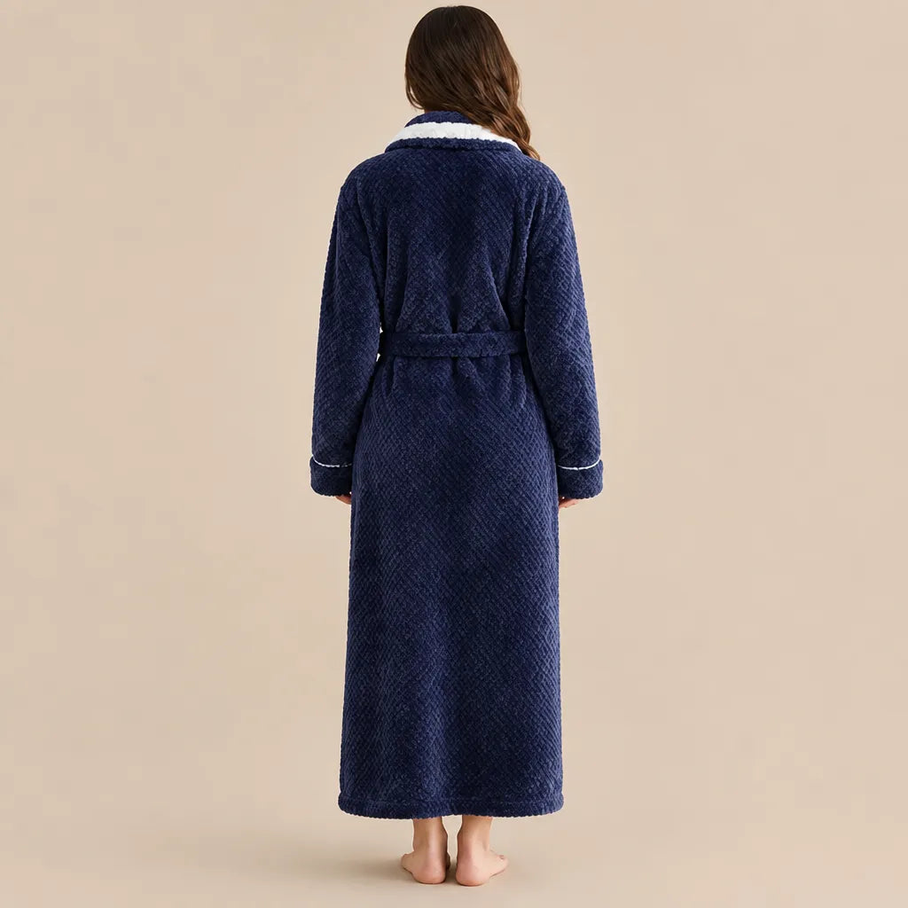 La boutique du peignoir Peignoir Velours Femme - Col Bicolore à Liseré, Bleu Marine