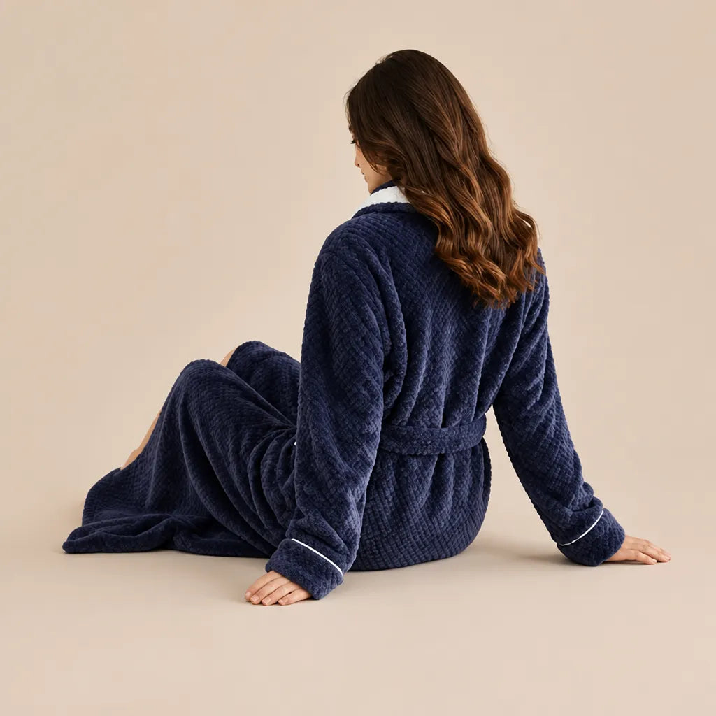 La boutique du peignoir Peignoir Velours Femme - Col Bicolore à Liseré, Bleu Marine