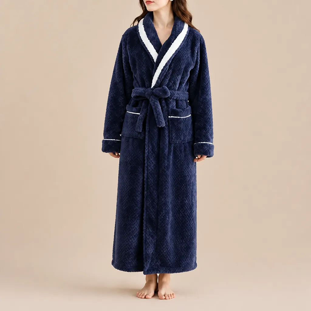 La boutique du peignoir Peignoir Velours Femme - Col Bicolore à Liseré, Bleu Marine