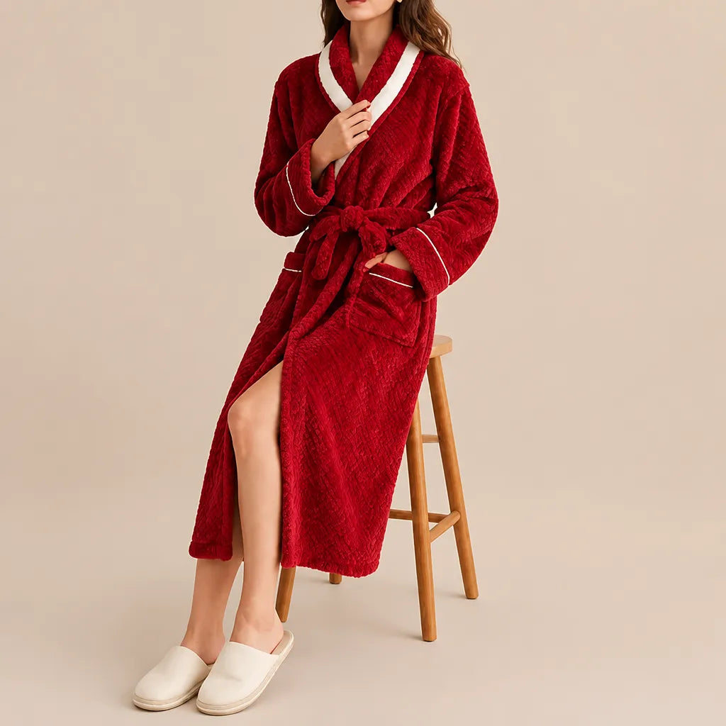 La boutique du peignoir Peignoir Velours Femme - Col Bicolore à Liseré, Bordeaux