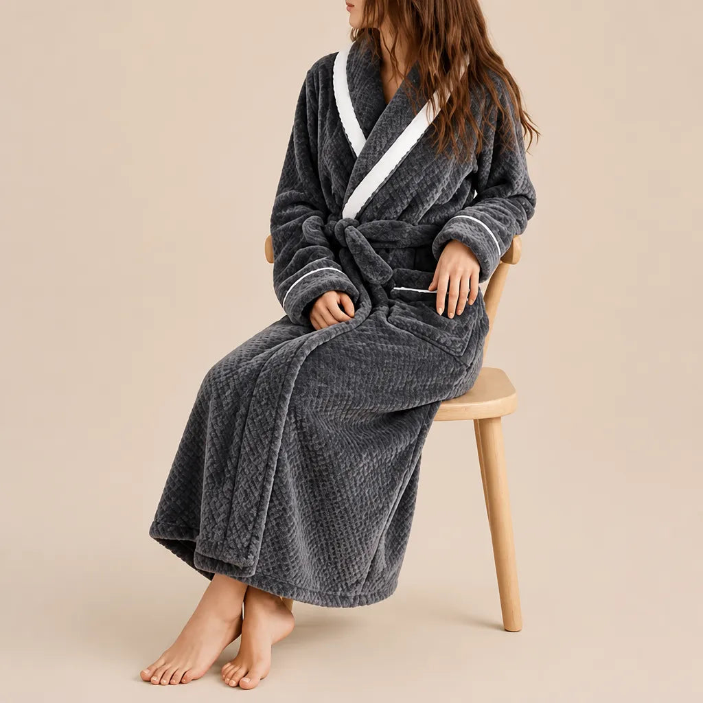 La boutique du peignoir Peignoir Velours Femme - Col Bicolore à Liseré, Gris Anthracite