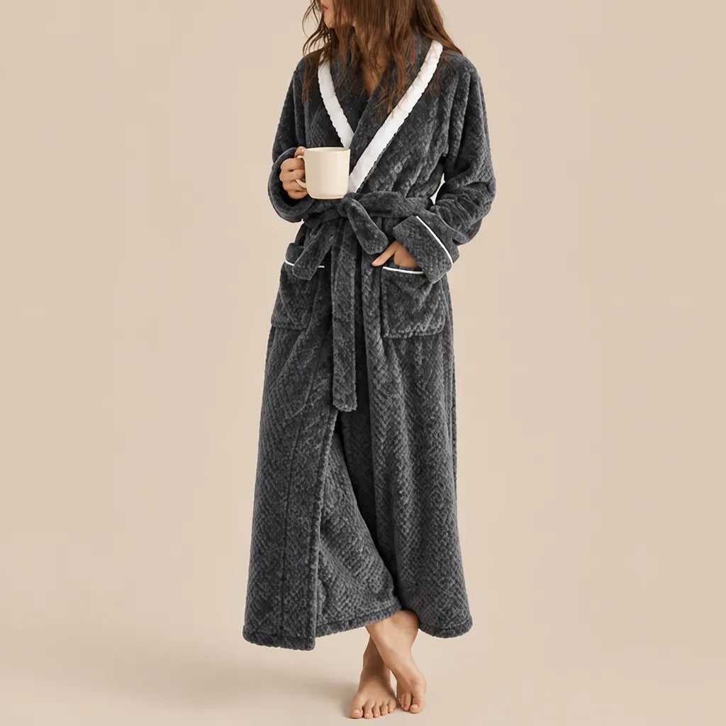 La boutique du peignoir Peignoir Velours Femme - Col Bicolore à Liseré, Gris Anthracite