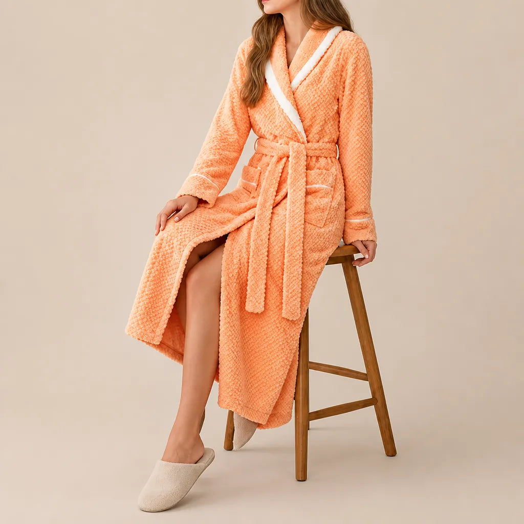 La boutique du peignoir Peignoir Velours Femme - Col Bicolore à Liseré, Orange Abricot