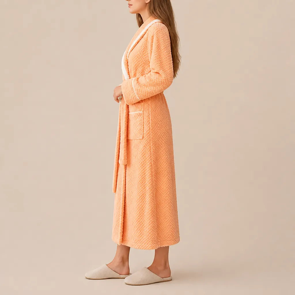La boutique du peignoir Peignoir Velours Femme - Col Bicolore à Liseré, Orange Abricot
